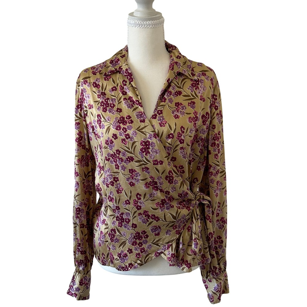 LOFT VTG 100% Silk Wrap Blouse Gold Purple Floral Long Sleeve Top US 12